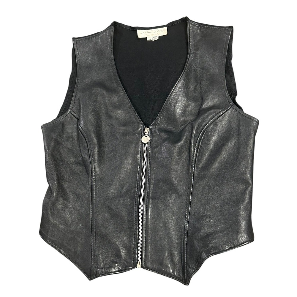 Casual Corner Vintage Black Leather Vest Zip Front Biker Moto 90s Corp Core